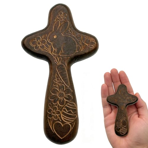Goodangie00 Handcrafted Solid Wood Hand Held Pocket Stress Fidget Cross, Mini Double-sided Carved Bunny Egg Crucifix for Kids Adult Easter Gift, Christian Faith Prayer Easter Gift Idea Easter-Brown