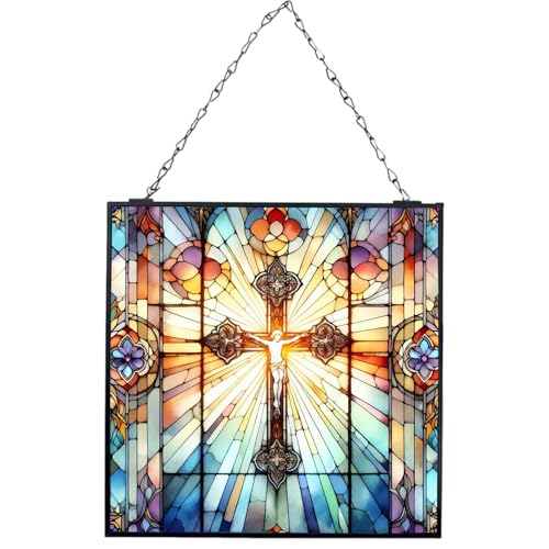 Stained Glass Cross Suncatcher Christian Stained Glass Windows Panel Jesus Cross Gift for Religious Easter Faith Christian Gifts Religious Home Decor I