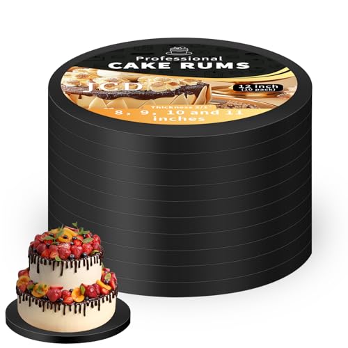Set of ten black 10-inch round cake drums by JCD, grease-resistant sturdy base for supporting cakes, pies, and pastries.