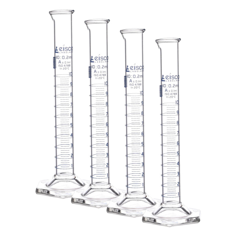 Graduated Cylinder, 10ml - Class A Tolerance ±0.10ml - Hexagonal Base - Blue Graduations - Borosilicate 3.3 Glass - Eisco Labs (Pack of 4) 10mL (Pack of 4)