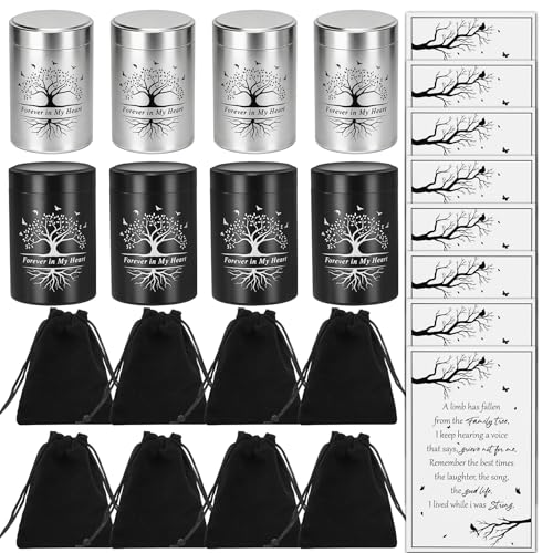 8 Sets 2.76'' Small Urns for Human Ashes Silver Black Aluminum Cremation Keepsake Funeral Urn with Memorial Cards and Velvet Bag Sets Sharing for Family Pet Ash (Tree of Life)