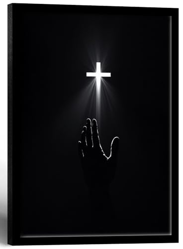 Wood Framed Christian Wall Art Redemption Faith Poster Cross and Hands Black and White Canvas Print Religious Painting Jesus Picture Home Living Room Decor 12x16 Inch Ready to Hang Framed Black Cross 12x16inch