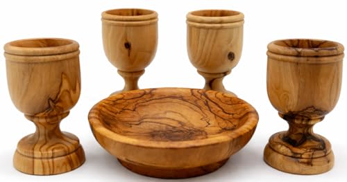 Zuluf Hand-Carved Olive Wood Communion Cup & Bread Tray Set, 4-Piece, Kiddush Goblets for Eucharist, Holy Communion & Church Worship, Authentic Bethlehem Holy Land Religious Gift