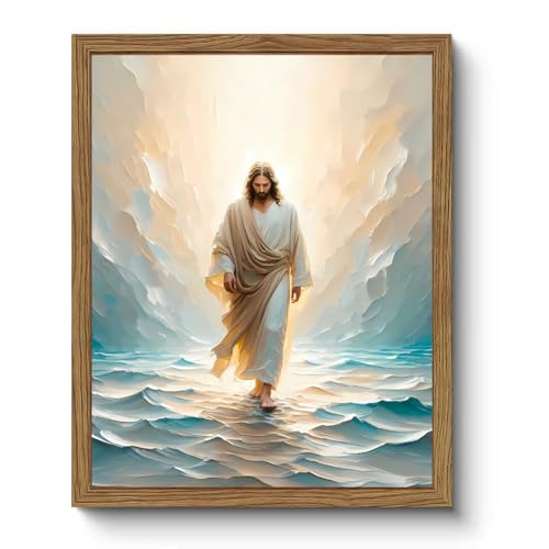 Natural Wood Framed Jesus Walking On Water Canvas Wall Art Religious Poster Christian Inspirational Paintings Prints Bible Pictures Home Decor for Livingroom Bedroom Church Prayer Room-9x11inch style-2-Natural wood Framed 9"L x 11"W