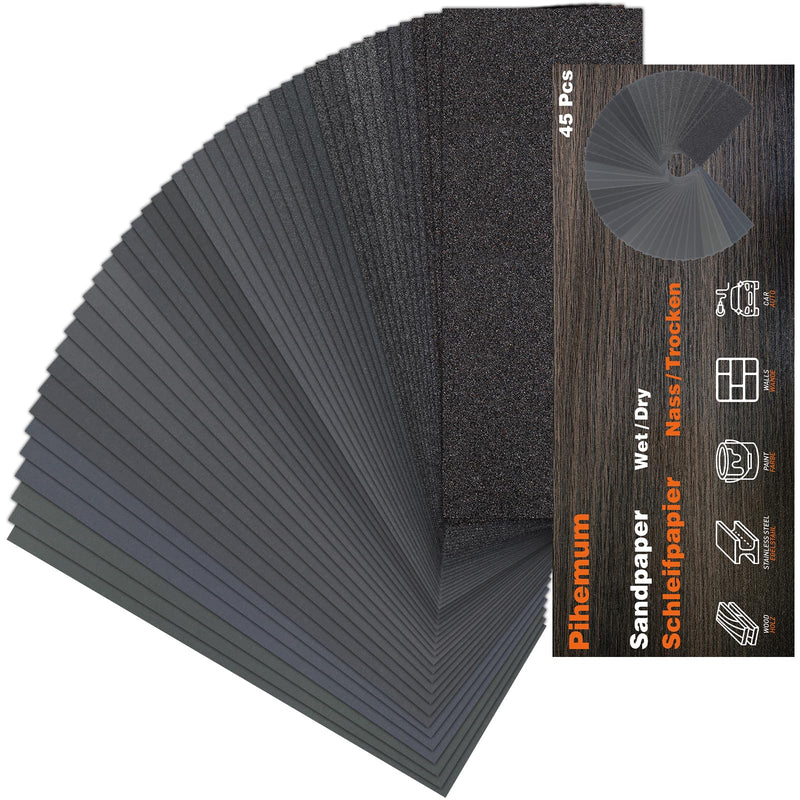 Sandpaper Set of 45 Wet and Dry Sandpaper 23 x 9 cm with 80-5000 Grit Fine Sandpaper for Wood, Metal, Car, Paint, Stone, Glass and Furniture 23x9 cm