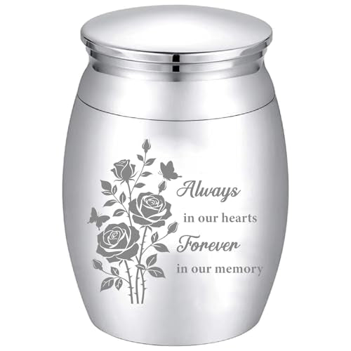 CREATCABIN Mini Cremation Urn Small Keepsake Urns Ashes Holder Silver Rose Flower Alloy Sharing Funeral Kit Memorials Miniature Container Decorative with Velvet Bag for Ashes Hair 1.6x1.2Inch