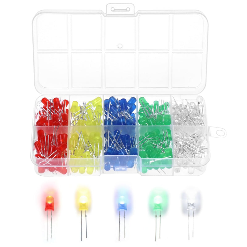 QWORK® 5 mm LED Light Emitting Diodes Set, 250 Pieces - 5 Colors Diffuse Round Head Diodes 3V-3.2V for Science Projects, Model Making & Electronics DIY