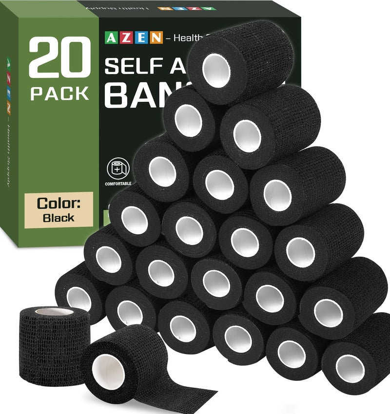 AZEN 20 Pack Self Adhesive Bandage Wrap Black, Black Athletic Tape, Vet Wrap, Tattoo Grip Tape Wrap, Ankle Tape, Cohesive Bandage Wrap F-20skin 2 Inch