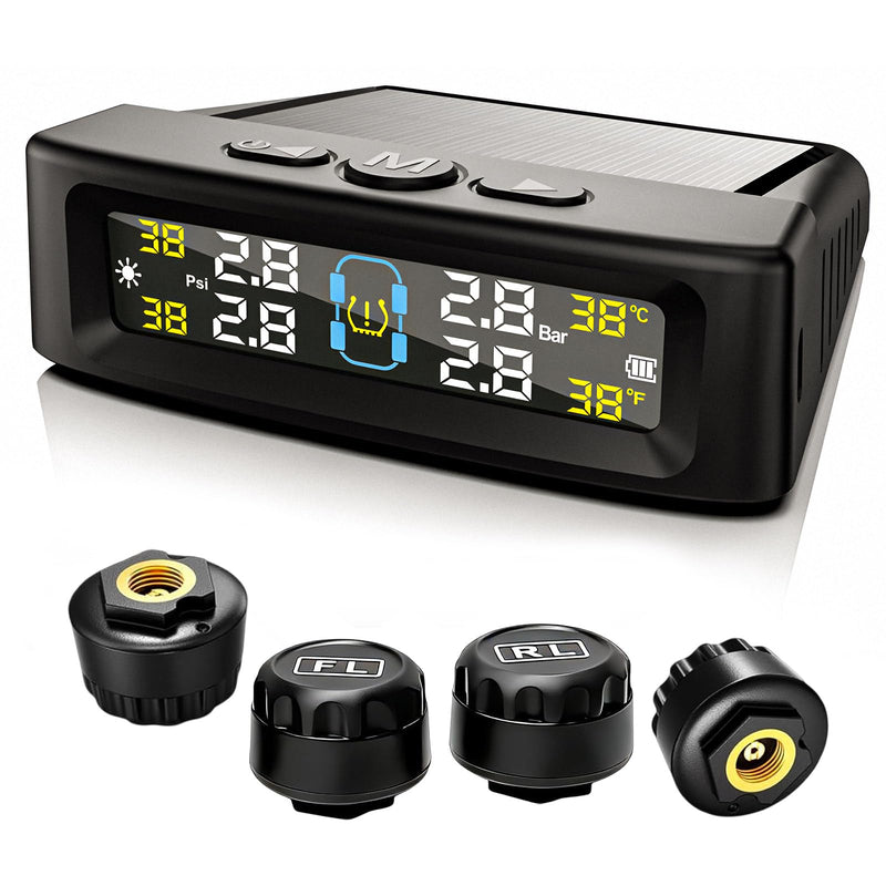 Tire Pressure Monitoring System, Vehicle Tire Pressure Monitor with Solar Charger & 4 External Sensors, Real-Time LCD Display TPMS w/6 Alarm Modes for Car Truck RV