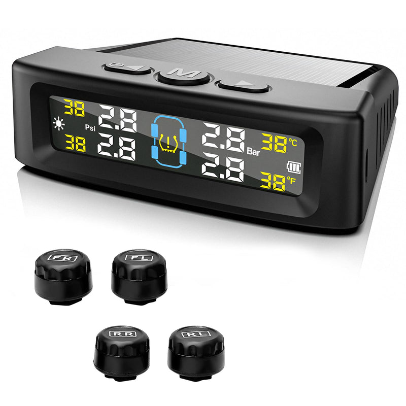 Sun Walker Tire Pressure Monitoring System, Wireless Tire Pressure Monitor with 4 Sensors & 6 Alarm Modes, Real-Time LCD Display TPMS with Solar & USB Charger for RV Truck Trailer