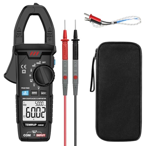 Temirup 6000-counts TRMS clamp meter, black 600A AC/DC amp meter and multimeter tester