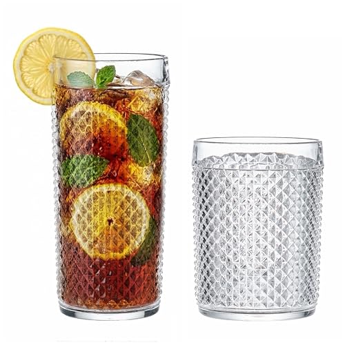 KLIFA-HEMET 16 & 19 Ounce Tumbler & Highball Set of 8, Vintage Looking Plastic Drinking Glasses, Shatter-Proof, BPA-Free Acrylic Drinkware, Dishwasher Safe Cups, Clear Short & Tall