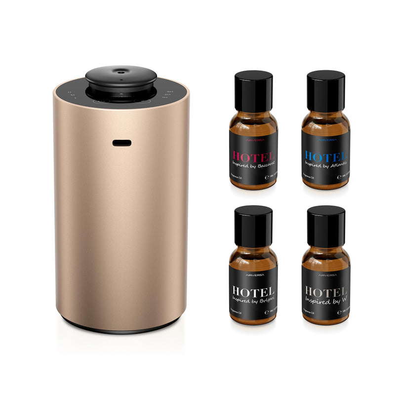 Airversa Waterless Essential Oil Diffuser Starter Kit with 4x10mL Hotel Fragrance Oils for Car Home Office, Premium Aluminum Housing, Aroma Nebulizer Baterry Operated, ANX Kit-D Desert Titanium Titanium2 w/ Oils