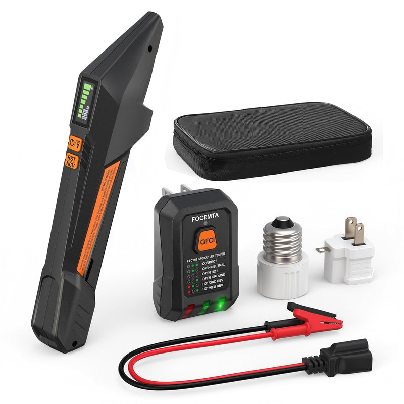Circuit Breaker Finder and GFCI Outlet Tester - Digital Receiver with Color Screen & NCV Detection for Home Electrical Safety Including Carrying Case and Adapters 90-135V AC Circuits - FTCT02