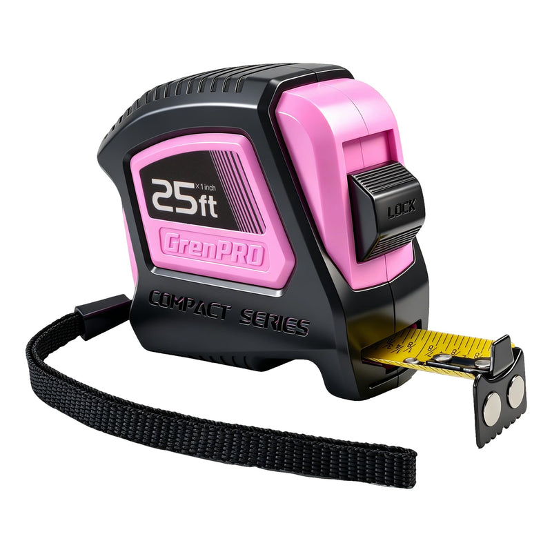 GRENPRO 25FT Magnetic Tape Measure, 1/8 Fractions Easy Read Double Sided Measuring Tape, Retractable Nylon Coated Tape with Magnetic Hook, Shock Absorbent Case for Construction, Carpentry, Woodworking Pink