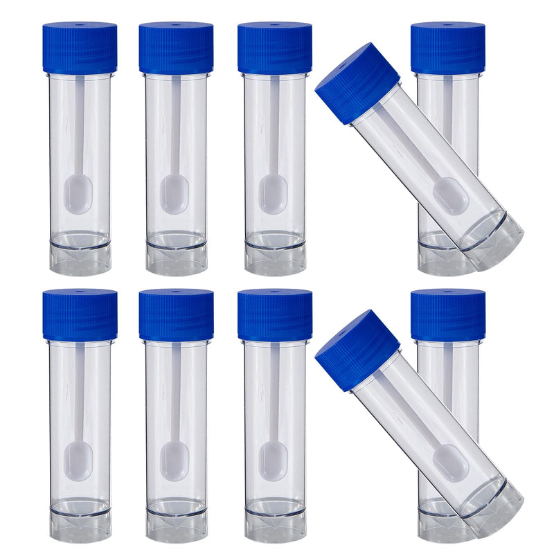 10 Chair Sample Containers with Spoon and Screw Lid 25ml to 30ml | Leak proof plastic containers, blue lids, for stool samples in doctor's office and laboratory, also for dog and cat