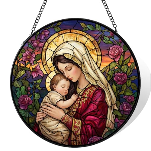 Stained Glass Window Hanging, Virgin Mary and Baby Jesus Suncatchers 6.3x6.3in