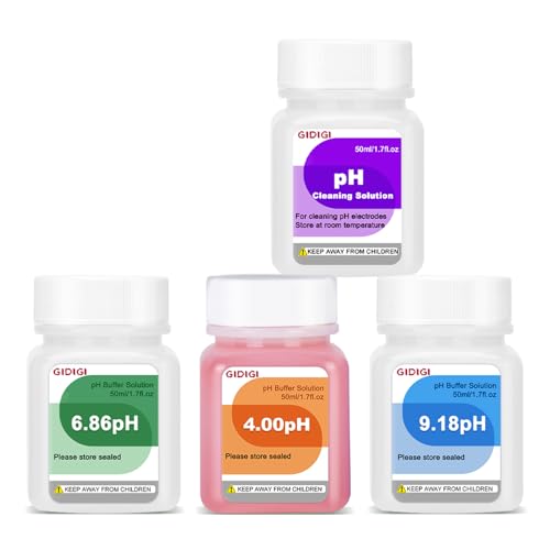 GIDIGI pH buffer solution set in purple bottles for pH meter calibration, including 4.00, 6.86, and 9.18 pH solutions