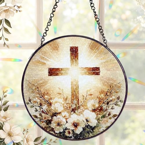 Mifoci 6.3 Inch Stained Glass Window Hanging Cross Suncatchers Indoor Window Christian Gifts for Room Office Decor Aesthetic