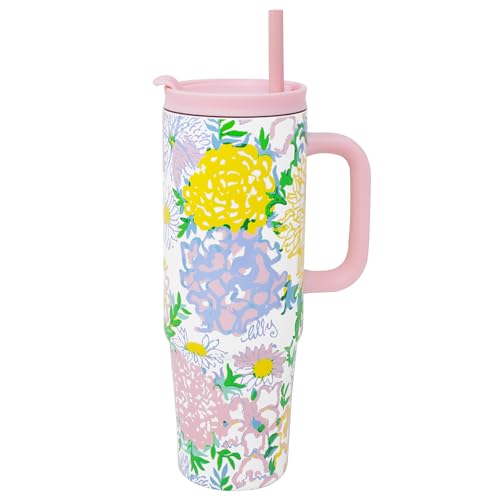 Lilly Pulitzer 30 Oz Insulated Tumbler with Lid, Large Stainless Steel Travel Cup with Silicone Straw, Double Wall Metal Tumbler (Lilly Garden Home)