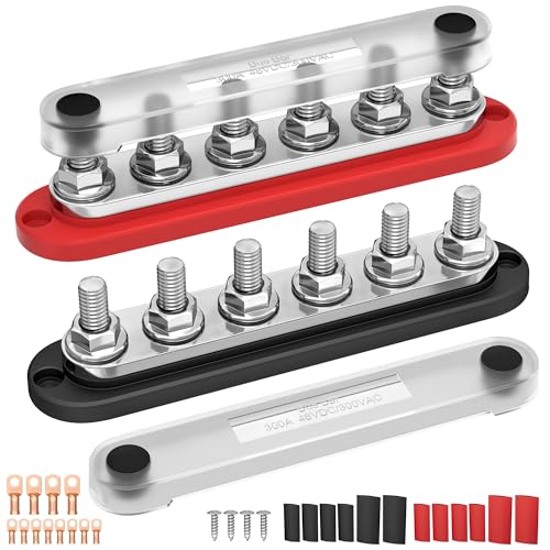 JoinfWorld Busbar 12v-48V,300A Power Distribution Block (BB300-T6M10) | Busbar busbar, 6 x M10 (3/8 inch) connection bolts, up to 48 V DC/300 V AC, with cover, for car, boat, solar system BB300-T6M10