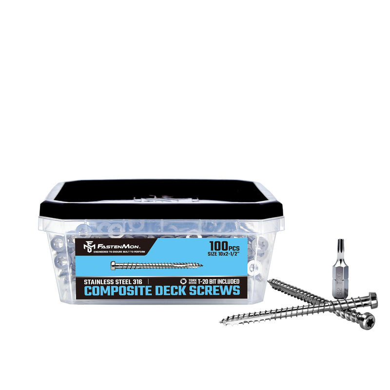 Composite Deck Screws, 316 Stainless Steel, #10 x 2-1/2", 100PCS - for PVC & Composite Decking, Flush Finish Cap Head, Reverse Thread, T20 Star Drive, Bit Included, Natural #10 x 2-1/2" 100