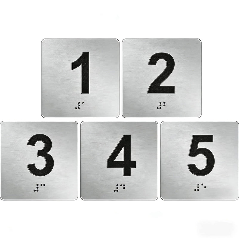 Door Numbers with Braille and Tactile Numbers,Exam Room Sign Numbers 1-5 and 6-10,Double Sided Tape Silver 4" x 4",for Exam Rooms Apartment Offices Educational Institution Elevator Sign,Directional Assistance Test Center (Numbers1-5) Numbers1-5