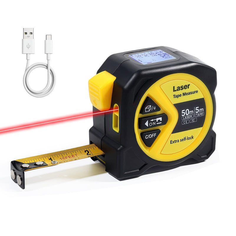 2-in-1 Digital Tape Measure with Laser, Rechargeable Laser Measuring Tool | 164Ft/50m Laser Measure & 16Ft/5m Auto-Lock Tape | w/Backlit LCD Display, Area & Volume Calc | Ft/in/M/Ft+in Units