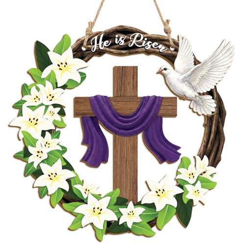 He is Risen Easter Wreath, Wooden Christian Cross Door Decor with Lily Flowers & Dove, Faith-Inspired Easter Hanging Sign for Front Door, Wall, Farmhouse Spring Decor