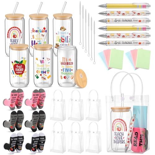 Willinglong 6 Set/30 Pcs Teacher Appreciation Gifts Set Bulk Thank You Teacher Gifts Includes 16 oz Glass Cups with Lid Straw Pen Notepad Socks PVC Bag Teacher's Appreciation Week Gift for Women Men