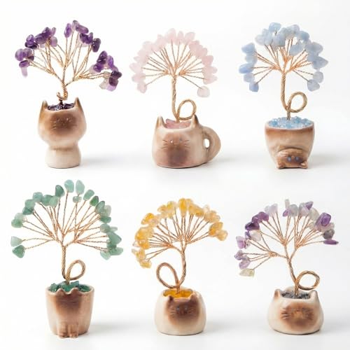 6 Pack Cat Chakra Crystal Tree of Life Gift Set with Gift Box, Healing Cute Kitten Money Tree Cat Statue Lucky Kitten Figurine Office Bedroom Home Desk Decoration Cat Lovers Gifts for Women