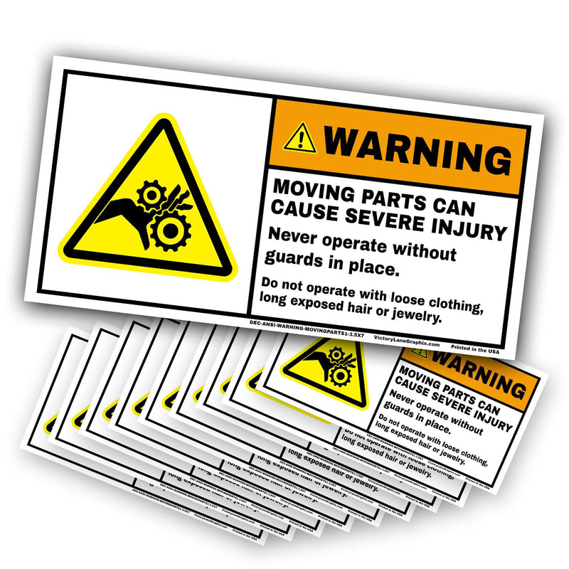 ANSI Z535 WARNING Moving Parts Labels – 3.5” x 7” Industrial Safety Decals (Pack of 10) | Entanglement & Pinch Point Hazard | Heavy-Duty Adhesive | Premium All-Weather Design