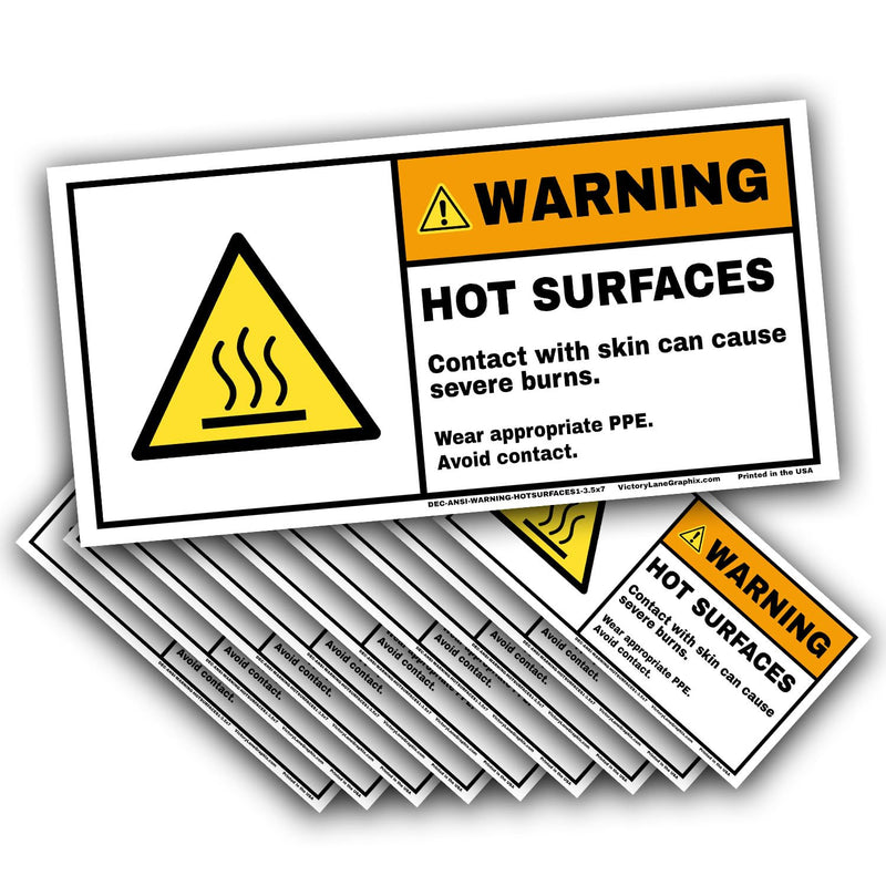 Hot Surface Warning Labels – ANSI Z535 Style WARNING Decals, 3.5” x 7” (Pack of 10) | Burn Hazard, PPE Required | Industrial Safety Stickers by Victory Lane Graphics