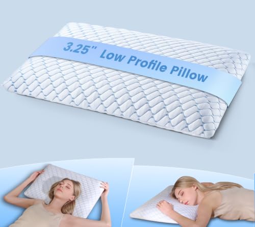 3.25" Ultra Thin Memory Foam Pillow with Cool-to-Touch Cover, Low Profile Flat Bed Pillow for Back & Stomach Sleepers, Standard Size 3.25'' Low Profile - Low+