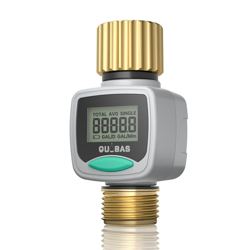 QUOBAS Water Flow Meter with Brass Fittings, Easy-Install Garden Hose Flow Meter for RV, Outdoor Plants, Lawn & Pool, Waterproof Screen, Tracks Gallon/Liter Usage, 4 Modes One Size 1