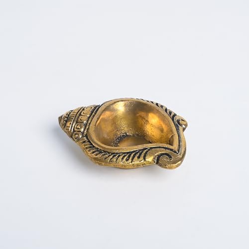 Handcrafted Pure Brass Diya Shankh Conch Shell Shaped Deepam Traditional Indian Lamp aarti for Puja Home Temple Diwali Decor Decoration and Gifting (Golden Shank Design Diya) Golden Shank Design Diya