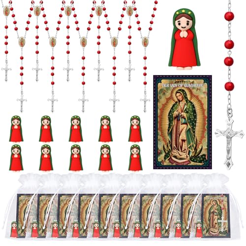 40 Pcs Our Lady of Guadalupe Mini Resin Figurines with Blessed Mother Virgin Mary Catholic Religious Prayer Cards Rosary Necklaces Organza Bags Baptism Favor Guest Gift for Party (Mary,Red) Red 40