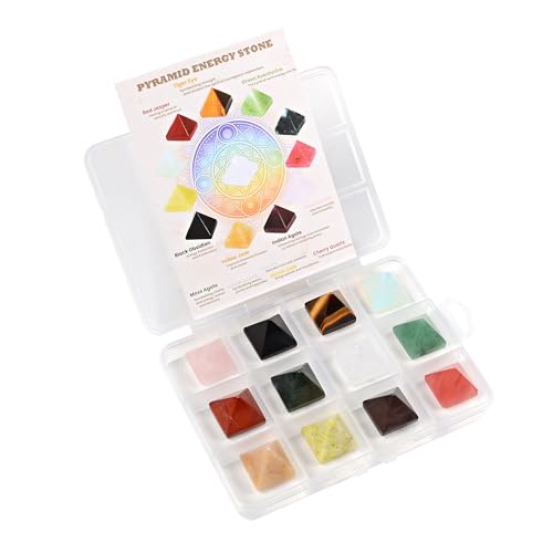 12 PCS Natural Chakra Crystal Pyramid Set – Opalite/Rose Quartz/Topaz/Obsidian Healing Crystals, Small Pyramids for Meditation, Energy Balancing, Reiki, Home Decoration
