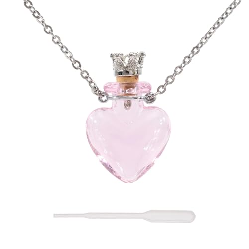 Heart Vial Necklace for Liquid Essential Oil Diffuser Bottle Necklace Urn Glass Bottle Pendant Ashes Memorial Jewelry for Women Pink