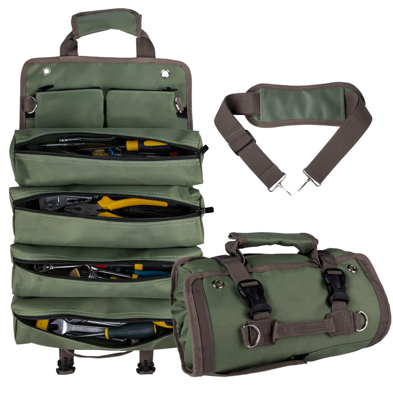 ITTAR Roll Up Tool Bag Organizer, Heavy Duty Motorcycle Tool Roll Up Bag with 4 Large Zipper Pockets, 2 Detachable Pouches, 5 Slots Pockets, Portable Tool Roll Bag Men Gifts for Mechanic, Electricians