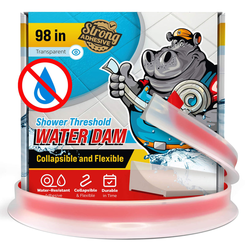Shower Threshold Water Dam Barrier 98" - Transparent Collapsible Walk in Shower Water Guard - Door Bottom Seal Strip Leak Guard by Hippo Dam