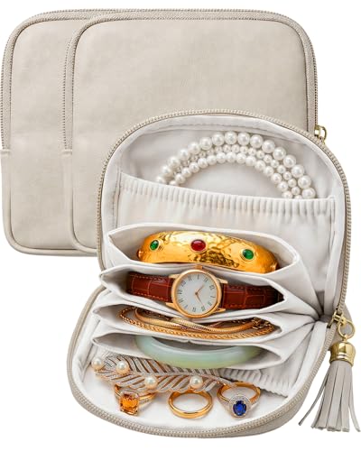 Small Travel Jewelry Case - Soft Vegan Leather Jewelry Organizer Storage Bag for Necklaces, Bracelets, Rings - Compact Jewelry Porch Travel Essentials for Women, Cream White 2 Pack