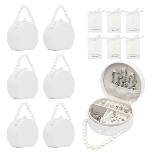 6 Pack Bridesmaid Proposal Gifts Set, Bulk Jewelry Boxes with 6 Cards, Small Travel Jewelry Case Organizer, PU Leather Mini Pearl Handle, Jewelry Box Travel Holder for Wedding Party (White) White