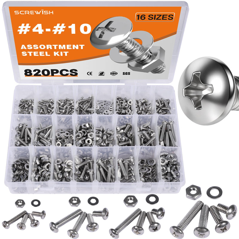 Machine Screws Assortment kit,820PCS #10-24#8-32#6-32#4-40 Phillips Pan Head Screws Bolts, 304 Stainless Steel for Electrical Wall Socket,Household Repairs #4#6#8#10 Phillips Head