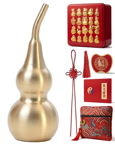 Mini Feng Shui Wu Lou Car Mirror Hanging Accessory, Authentic Chinese Hulu Good Luck Charm with Secret Wish Compartment, Zen Spiritual Decor Gift Set，Brushed Brass Smooth