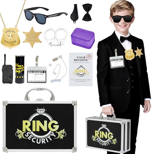 Ring Security Wedding Ring Bearer Aluminum Briefcase-Padded Slits Holder Ring Bearer Gifts Security Box for Proposal Ceremony Wedding Day,Security Badge Props for Boys Kids Black Silver