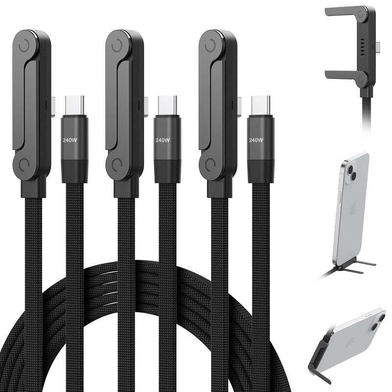 3Pack USB C to USB C Cable with Built-in Phone Stand 90° Right Angle 240W 5FT Nylon Braided Fast Charging Cord for iPhone 17 16 15 Pro Max Plus,MacBook Air/Pro,iPad Pro,Samsung S25,Pixel,iPad(Black) Black