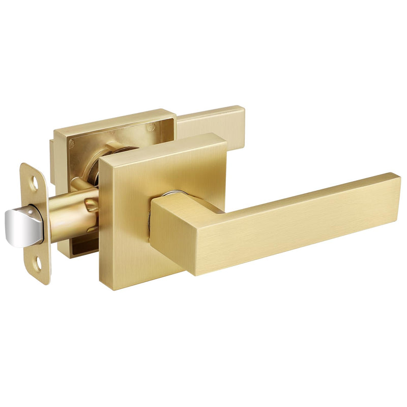 1 Pack Brushed Gold Door Handles, Passage Door Knob Without Lock, Interior Hallway/Closet Door Handle, Keyless Square Door Lever, Left/Right Reversible Satin Brass Passage Door Lever 1