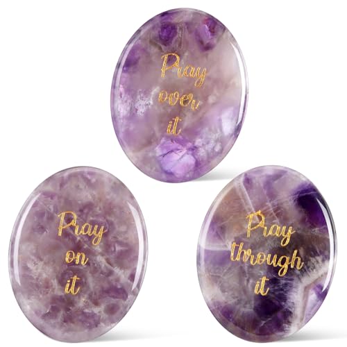 Domensi 3 Pcs Prayer Amethyst Crystals Thumb Worry Stones Anxiety Relief Items Inspirational Healing Crystals for Women Men Meditation Reiki Spiritual Gifts
