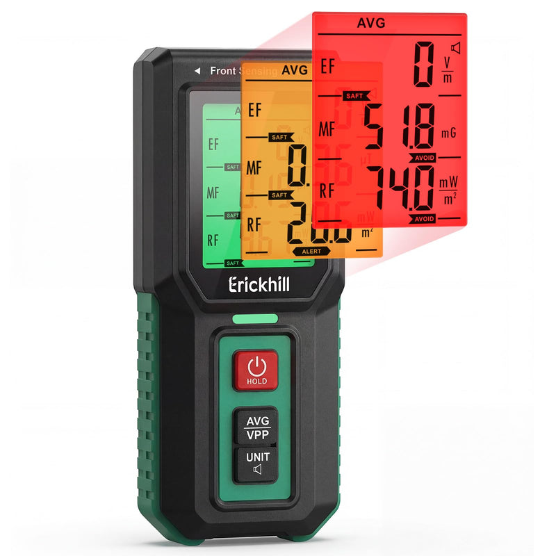 ERICKHILL 3-in-1 EMF Meter for Home, Simultaneous EF MF RF Detector, Electric Magnetic Field & RF Radiation Meter, Tri-Axis Sensor, LCD Trend Graph, Alarm Alert for WiFi Router & Appliances Black